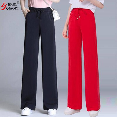 Pure color wide-leg pants, womens high-waisted straight pan