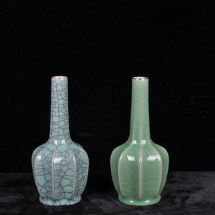 藏瓷阁青瓷哥窑开片长颈瓜棱瓶中式花瓶摆件客厅插花家居装饰摆件