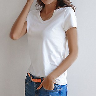Women Short Sleeves T-shirt Bottoming Shirt Round Neck or V