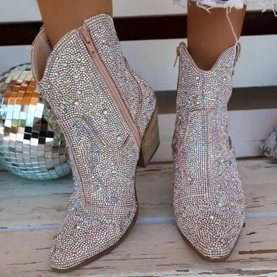 Western Cowboy Boots Fashion Women Ankle Boots Glitter Bling