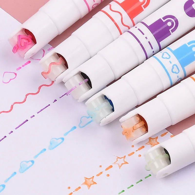 6pcs Wave Line Art Marker Pens Set Multi Color Love Star Clo图片