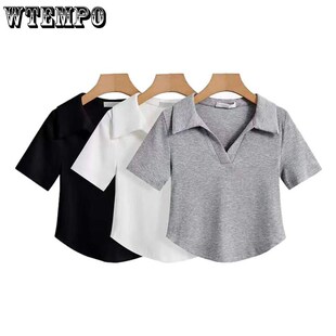Collar Shirt Short Sleeve Womens Cropped T-Shirt Crop Top S