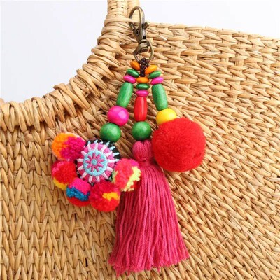 1pc Flower Charms Keychains Wooden Beads With Pompom Keyring