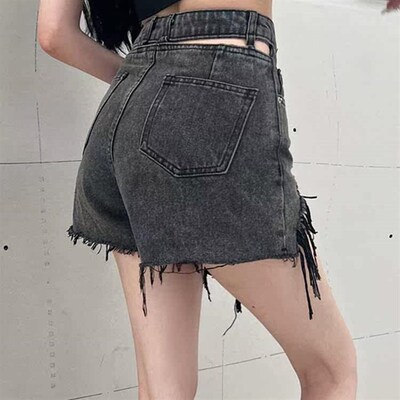 Smoke gray hot girl ripped high waist denim shorts womens n