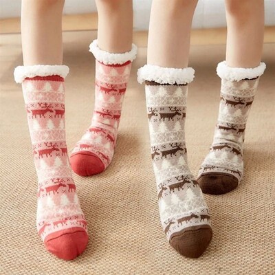 Winter Warm Socks Women penguin Plush Soft Female Non Grip F