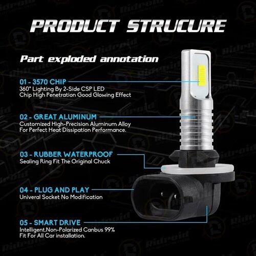 2PCs 881 LED Fog Lights Driving Bulbs Xenon White 6000K 3000