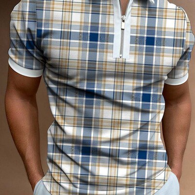 -Spring and summer new POLO polo shirt zipper checkered men