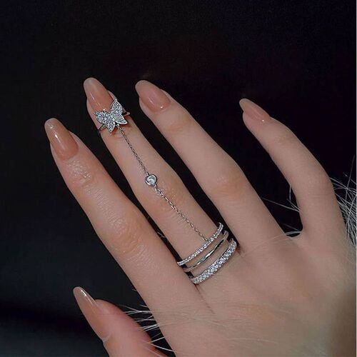 Double Finger Chain Rings for Women Ring Set Tassel Butterfl