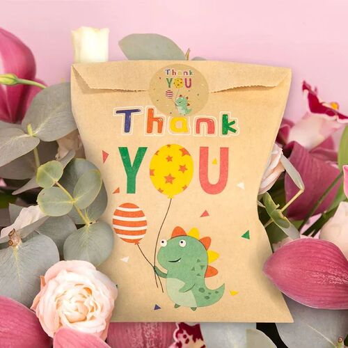 24Sets Thank You Kraft Paper Bags Cute Rainbow Dino Happy Bi