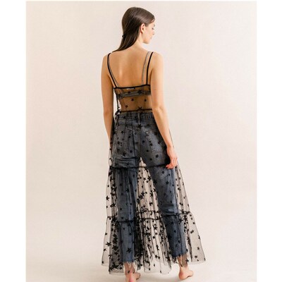 Women Spaghetti Straps Tulle See Through Long Dresses Cover