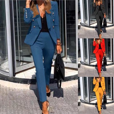 Suit Set Solid Color Fake Flap Pockets Two-piece Lapel Butto