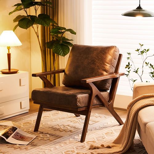 设计师沙发椅油蜡皮木质接待洽谈会客售楼处高级复古单人位靠椅