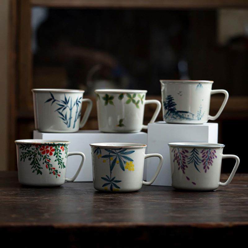 泥人述 草木灰手绘花卉陶瓷马克杯 釉下彩桂花枇杷竹子喝水咖啡杯,鲜花速递/花卉仿真/绿植园艺,割草机/草坪机,淘宝优惠券,粉丝福利购,淘宝优惠卷