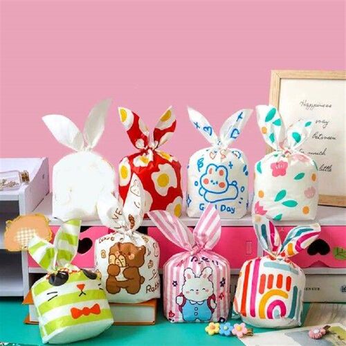 50Pcs Plastic Rabbit Ear Candy Bags Cartoon Animal Pattern