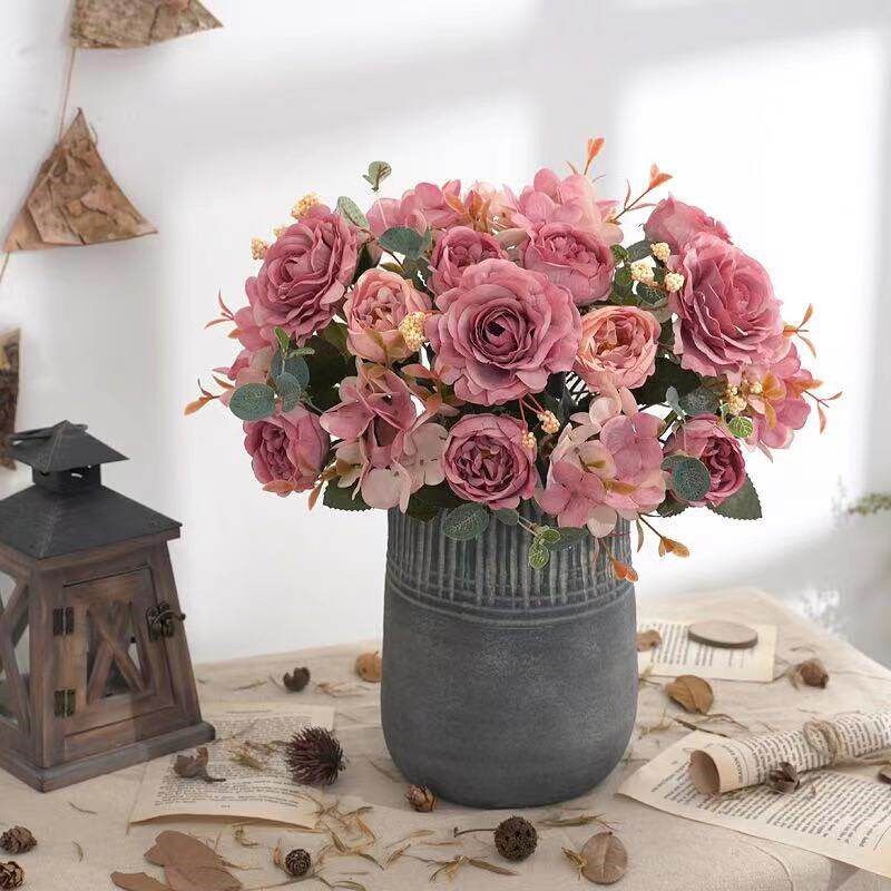 Artificial Flowers Retro Silk Rose Bouquet Hydrangea Peony V图片