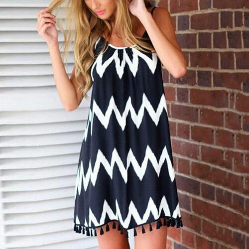Female Wavy Strip Midi Dress Graceful Braces Shoulder Lady D