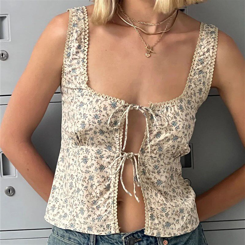 Gaono Women Fashion Tank Tops Floral Print Front Tie-Up Vest