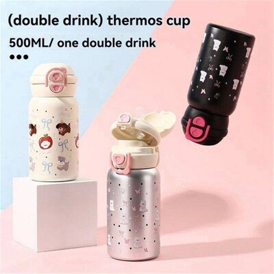 TYMQ Cute Stainless Steel Water Bottle with Straw 500ML