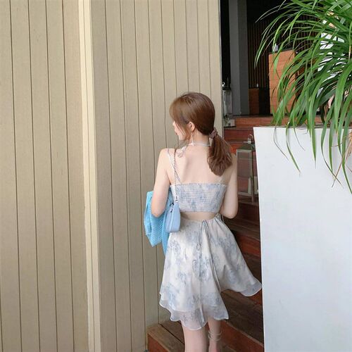 Fashion Sexy V-Neck Spaghetti Straps Floral Thin Chiffon Dre