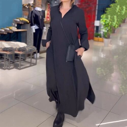 2025 Casual Loose Solid lor V-neck Pullover Long Sleeve Dres