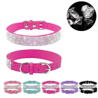 Bling Rhinestone Puppy Cat Collars Adjustable Leather Bowkno