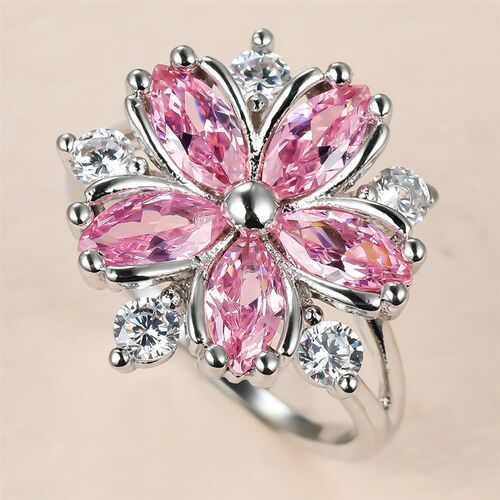 Cute Female Pink Crystal Stone Ring Charm Silver Color Thin