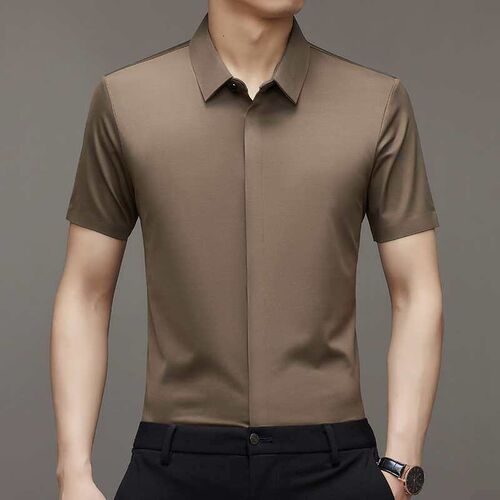 Summer New Mens Short-sleeved Shirt Semi-seamless Dark Plac
