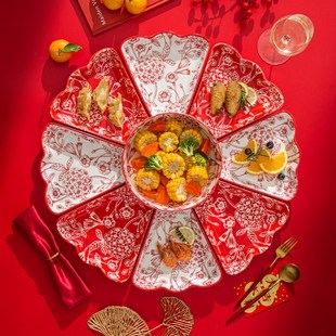 中式 团圆拼盘餐具圆桌陶瓷盘子菜盘家用过年喜庆家庭碗盘装
