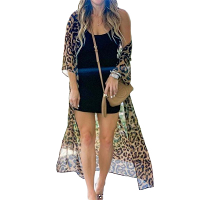 Women Chiffon Leopard Crochet Summer Beach Bikini Cover Up L