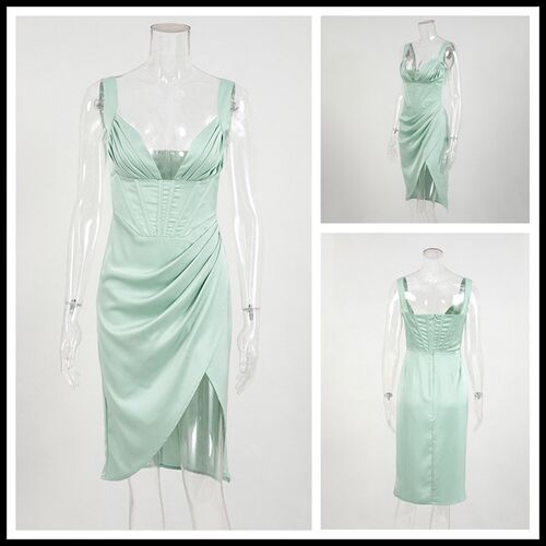 Townlike Stch Satin Elegant Dress Women High Split Deep V Ne