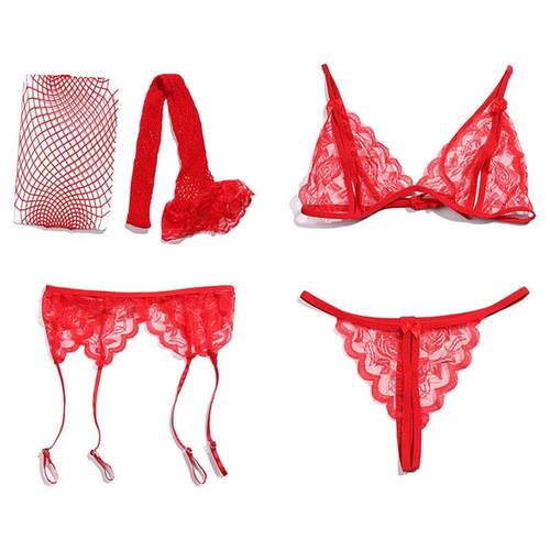 4Pcs Set Women Lace Net Stockings & Garters & G-string And B