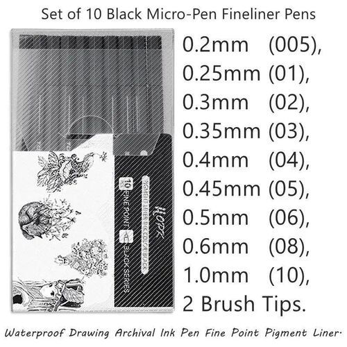 10Pcs/set Pigment Liner Micron Ink Marker Pen 0.05 0.1 0.2 0