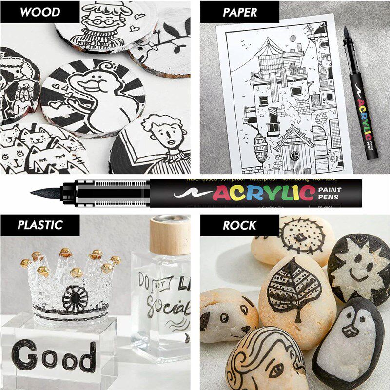 8pcs Black and White Acrylic Paint Markers Set, Large Ink Ca图片
