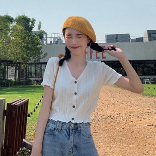 Woman TShirts Summer V-neck Hollow Knitwear Womens Short Sl