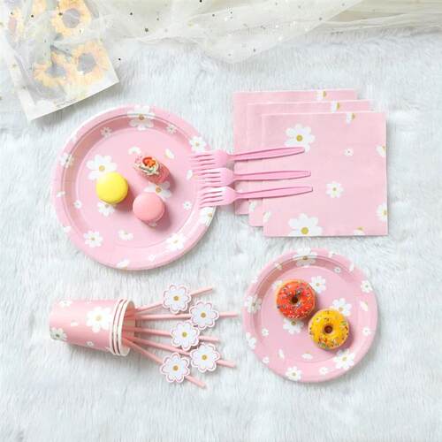 Daisy Theme Birthday Party Decor Pink Disposable Tableware D