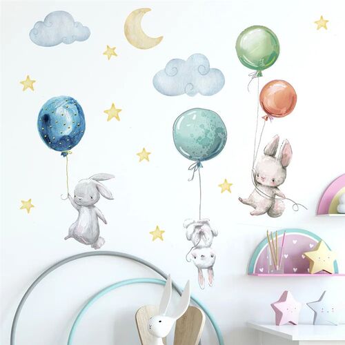 Cute Lovely Flying Rabbits Wall ers Balloons Moon Star Cloud