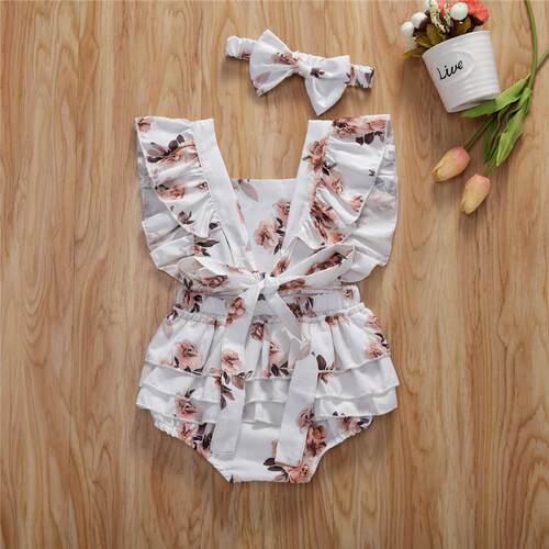0-24M Newborn Baby Girl Romper White Pink Flower Print Rompe