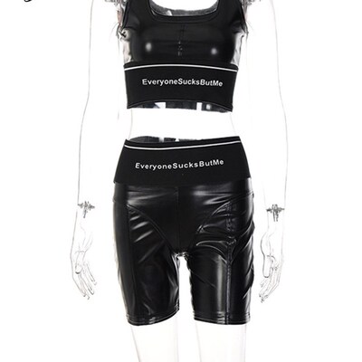 Joskaa Patchwork Letter Printed Black Pu Leather Crop Tank T