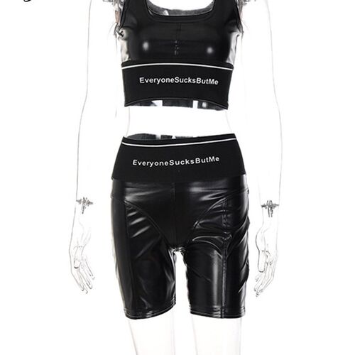Joskaa Patchwork Letter Printed Black Pu Leather Crop Tank T
