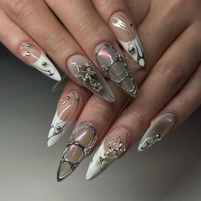 24Pcs Y2k Almond Acrylic Nails Full Cover 3D Diamond Black N