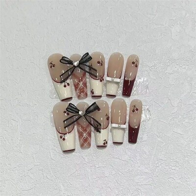 10Pcs French Ballerina Handmade Press on Nails Pink Bow Fake