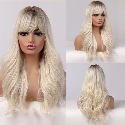 Long Platinum Blonde Wavy Synthetic Wigs for Women Natural W