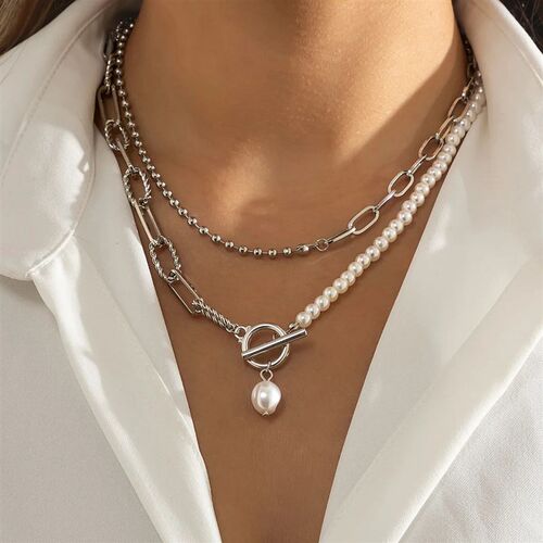 Multi-Layer White Imitation Pearl Necklace Bead Chain Punk L