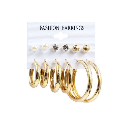 Big Circle Earring Set with Water Drill Pearl 6Piece Exagger