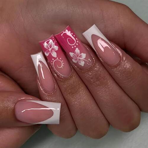 24Pcs Fairy White Flower Fake Nails Pink French Tip Press on