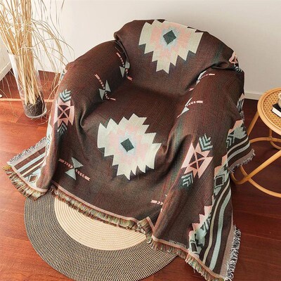 Aztec Blanket, Oversized Boho Throw Blanket with Fringe, Sou