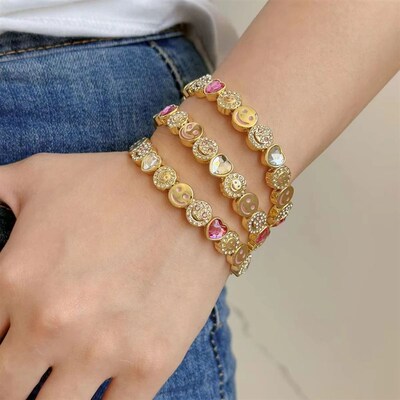 Happy Bracelets For Women Gold Color Beaded Elastic Zirconia