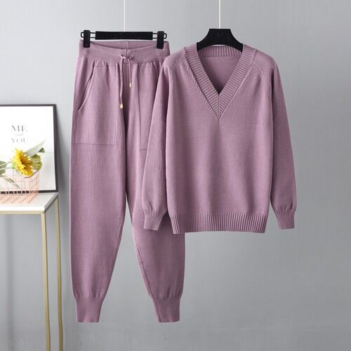 2023 Autumn Winter Womens V Neck Sweater Two Piece Set