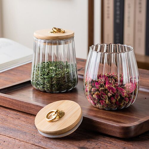 Glass Kitchen Storage Jar Glass Container Wooden Lid Sealed