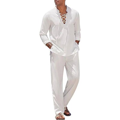 2pcs Set Mens Cotton Linen Shirt and Pants Suits for Men Be